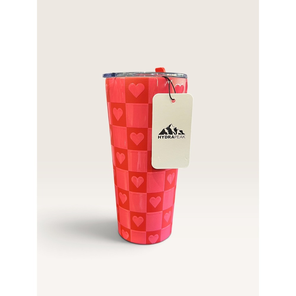 NWT Hydrapeak 22oz Insulated Tumbler Red Pink Checkered Heart Pattern